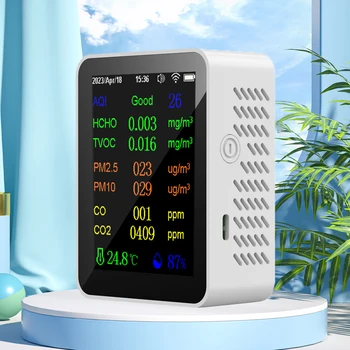 12 В 1 Монитор Качества Воздуха PM2.5 PM10 CO CO2 TVOC HCHO AQI Тестер Цветной Экран WIFI с Дисплеем Времени/Даты для Домашнего Офиса Изображение 2