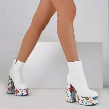 2024 большой размер 43 белый цветочный печати Сексуальная блок высокие каблуки партии ботильоны Женские винтажные элегантные сапоги на платформе обувь
