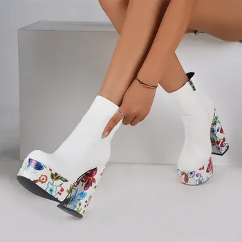 2024 большой размер 43 белый цветочный печати Сексуальная блок высокие каблуки партии ботильоны Женские винтажные элегантные сапоги на платформе обувь Изображение 2