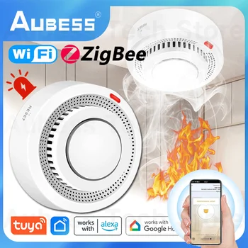 AUBESS Tuya Zigbee WiFi Датчик обнаружения дыма 80 ДБ Пожарная сигнализация Умный детектор дыма Wifi Противопожарная защита Домашняя охранная сигнализация