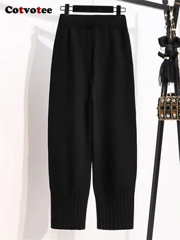 Cotvotee Трикотажные брюки Женские Осень-зима 2023, модные свободные широкие брюки с высокой талией, повседневные брюки с эластичной резинкой на талии до щиколоток Изображение 2