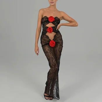 Gotoola 2023, Новое сексуальное модное кружевное топ-труба с цветочной строчкой, Прозрачная упаковка, Модное длинное платье