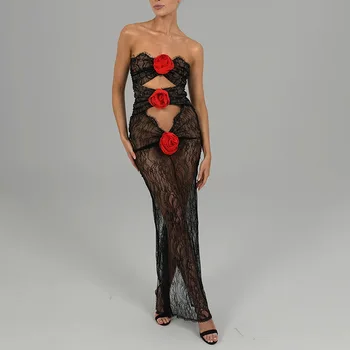 Gotoola 2023, Новое сексуальное модное кружевное топ-труба с цветочной строчкой, Прозрачная упаковка, Модное длинное платье Изображение 2