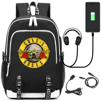 Guns N' Roses, рюкзак с черепом, сумка для школьников с модным USB-портом и замком /наушниками