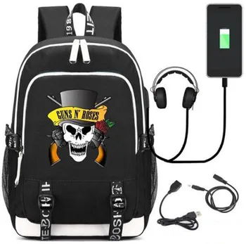 Guns N' Roses, рюкзак с черепом, сумка для школьников с модным USB-портом и замком /наушниками Изображение 2