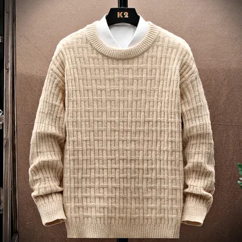 Huncher Мужской вязаный винтажный свитер для мужчин 2023, зимний теплый повседневный джемпер оверсайз, мужские Корейские модные свитера с круглым вырезом для мужчин Изображение 2