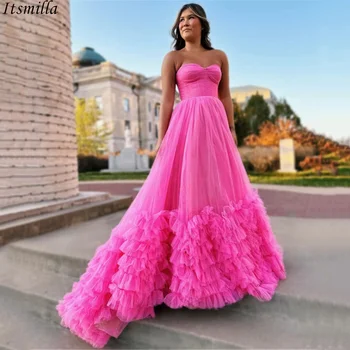 Itsmilla Гламурные ярко-розовые платья для выпускного вечера трапециевидной формы 2024, роскошные вечерние платья из тюля с оборками, Longo Vestidos