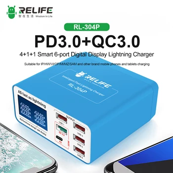 RELIFE RL-304P 4+1+1 Интеллектуальное 6-портовое зарядное устройство Lightning с цифровым дисплеем PD + QC3.0 для смарт-чипа быстрой зарядки AC100-240V 3A