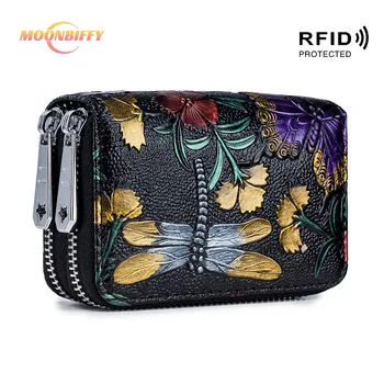 RFID Модный женский держатель для карт, кожаный чехол для карт с двойной застежкой-молнией, большой емкости, женские кошельки с 3D цветочным принтом, кошелек