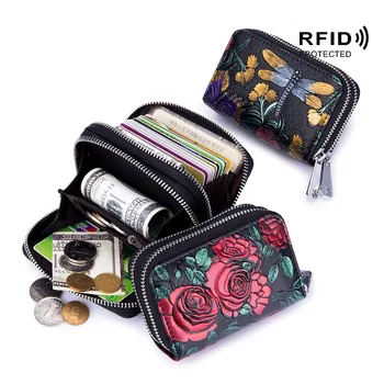 RFID Модный женский держатель для карт, кожаный чехол для карт с двойной застежкой-молнией, большой емкости, женские кошельки с 3D цветочным принтом, кошелек Изображение 2