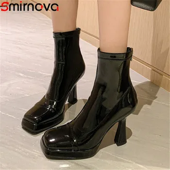 Smirnova 2023 Новые женские ботинки из микрофибры на молнии Уличный стиль Модельные туфли на тонком высоком каблуке Осенние ботильоны на платформе