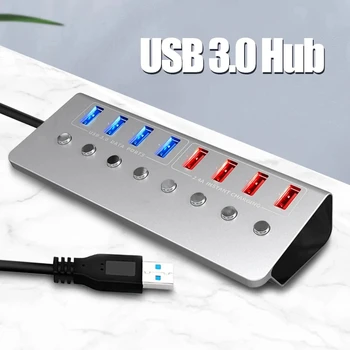 USB-концентратор с питанием 3.0, 8-портовый USB-концентратор-Разветвитель, Один интеллектуальный порт зарядки, Индивидуальные переключатели включения / выключения и удлинитель адаптера питания 5 В / 3А
