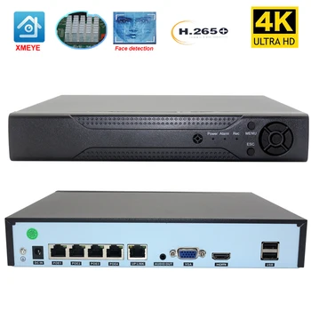 Xmeye 4Ch 4K POE NVR Сетевой Видеомагнитофон С Распознаванием Лица Аудиовыход P2P Для 8-Мегапиксельной 5-Мегапиксельной IP-Камеры Видеонаблюдения 1080P Onvif
