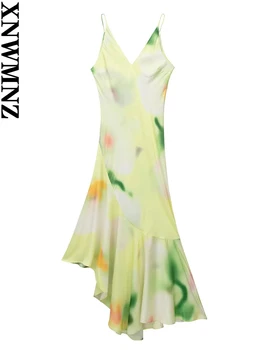 XNWMNZ женская мода 2023, платье-комбинация с асимметричным подолом с принтом, женские праздничные платья миди с V-образным вырезом на тонких бретелях, струящиеся женские платья миди