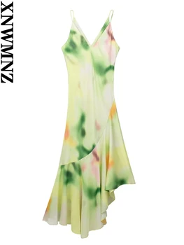 XNWMNZ женская мода 2023, платье-комбинация с асимметричным подолом с принтом, женские праздничные платья миди с V-образным вырезом на тонких бретелях, струящиеся женские платья миди Изображение 2