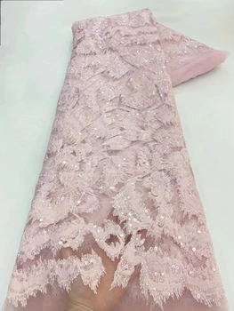 Африканская кружевная ткань с пайетками 2024, горячая распродажа, фиолетовая высококачественная вышивка бисером ручной работы, нигерийский френч для свадебного платья Изображение 2