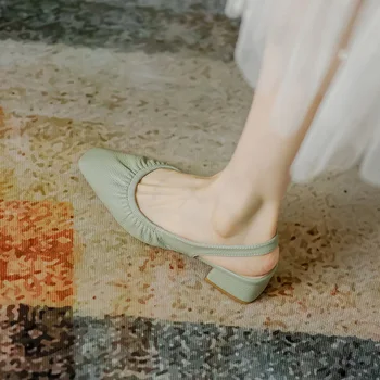 бежевые/зеленые кожаные босоножки с квадратным носком; женская летняя обувь на высоком среднем каблуке; mary janes; женские сандалии с вырезами; mujer 2023 Изображение 2