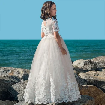 Белые кружевные детские платья с цветочным узором для девочек на свадьбу, платье принцессы с длинным рукавом, нарядные платья для девочек, платье для первого причастия для девочки