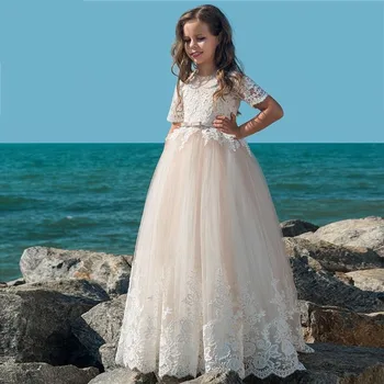 Белые кружевные детские платья с цветочным узором для девочек на свадьбу, платье принцессы с длинным рукавом, нарядные платья для девочек, платье для первого причастия для девочки Изображение 2