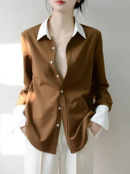 Блузки, лоскутная рубашка с длинными рукавами, женская шикарная элегантная женская одежда, модные блузки, повседневные топы, осенние рубашки, новинка 2023 года Изображение 2