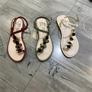 Богемные блестящие сандалии-гладиаторы с заколкой на носке, женские тапочки, летняя пляжная обувь на плоской подошве, женские сандалии с ремешком и пряжкой, 2021