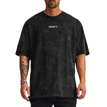 Бренд Muscleguys, хлопковая выстиранная футболка с заниженным плечом, оверсайз, футболка с коротким рукавом для мужчин, летняя спортивная футболка для занятий в тренажерном зале, бодибилдингом