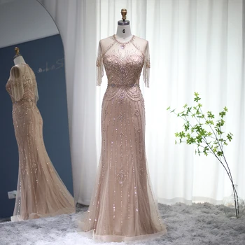 Вечерние платья Русалки с кисточками цвета шампанского Sharon Said 2023, Роскошное Длинное вечернее платье для выпускного вечера в Дубае для женщин, свадебное платье для вечеринки SS136