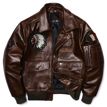 Винтажная коричневая куртка из конской кожи с индийской вышивкой, куртка из натуральной кожи, мужские мотоциклетные куртки, Одежда пилотов ВВС, летный костюм