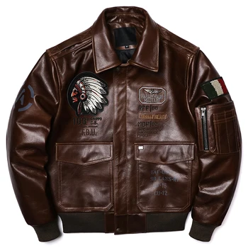 Винтажная коричневая куртка из конской кожи с индийской вышивкой, куртка из натуральной кожи, мужские мотоциклетные куртки, Одежда пилотов ВВС, летный костюм Изображение 2