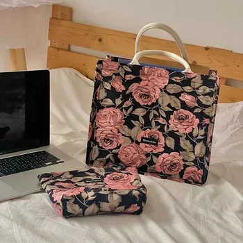 Винтажная сумка-тоут 2024 с принтом Розы и цветочным принтом Trendyol, роскошная дизайнерская сумка, повседневная сумка для покупок большой емкости Bolso Mujer