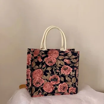 Винтажная сумка-тоут 2024 с принтом Розы и цветочным принтом Trendyol, роскошная дизайнерская сумка, повседневная сумка для покупок большой емкости Bolso Mujer Изображение 2