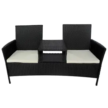 Водонепроницаемый садовый диван из ПЭ ротанга на 2 места с чайным столиком из Поли ротанга черного цвета Изображение 2