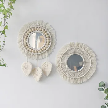 Гобеленовое зеркало ручной работы с богемными ткаными листьями и пером, для гостиной, спальни, для подвешивания на стену, для украшения крыльца
