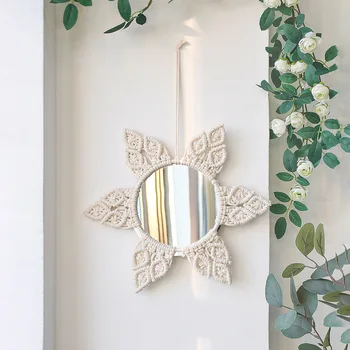 Гобеленовое зеркало ручной работы с богемными ткаными листьями и пером, для гостиной, спальни, для подвешивания на стену, для украшения крыльца Изображение 2