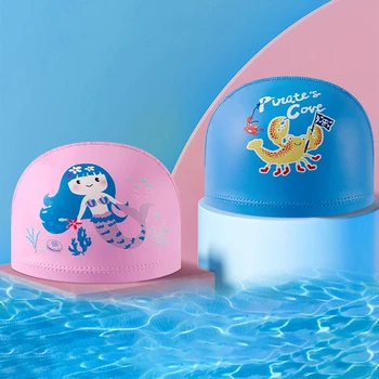 Детские шапочки для плавания из искусственной кожи с высокой эластичностью, шапочка для плавания в бассейне для мальчиков и девочек, детские милые мультяшные шапочки для плавания Изображение 2