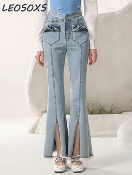 Джинсовые брюки Heavy Industry Со стразами, женские осенне-зимние новинки 2023, джинсы с высокой талией, брюки-клеш с разрезом, панталоны