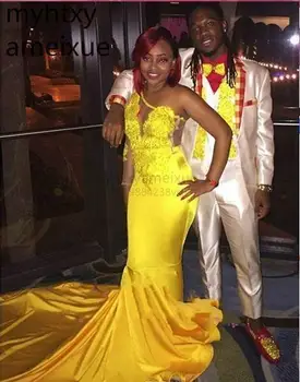 Желтого цвета Сексуальные платья для выпускного вечера 2022 Африканские Черные девушки Русалка С длинным рукавом на одно плечо Вечерние платья Плюс Размер