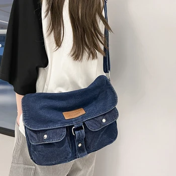 Женская джинсовая сумка-мессенджер с несколькими карманами, ретро-сумка-хобо, вместительная джинсовая сумка с регулируемым ремешком для путешествий и работы Изображение 2
