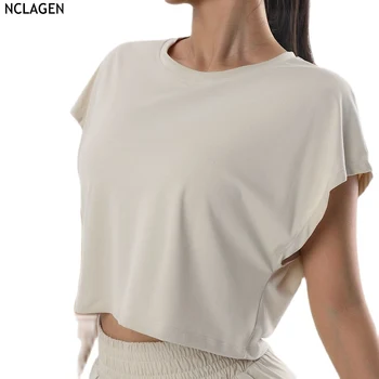 Женская летняя сексуальная футболка для йоги NCLAGEN, свободные дышащие рубашки с коротким рукавом, спортивный топ для бега на открытом воздухе, быстросохнущий топ для фитнеса