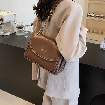 Женская однотонная сумка через плечо из искусственной кожи в стиле ретро, брендовые женские сумки 2024 года, модная женская сумка на цепочке подмышками, через плечо