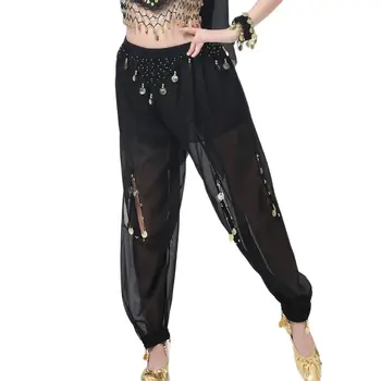 Женские брюки-фонарики для танца живота, ажурные шифоновые брюки для танца живота с вырезом в виде монеты, арабские шаровары на Хэллоуин