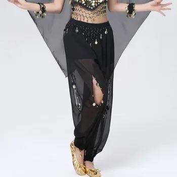 Женские брюки-фонарики для танца живота, ажурные шифоновые брюки для танца живота с вырезом в виде монеты, арабские шаровары на Хэллоуин Изображение 2