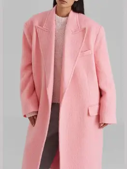 Женское Розовое шерстяное пальто Макси, модная куртка с отложным воротником и длинным рукавом, осень-зима, теплая женская уличная одежда высокого качества
