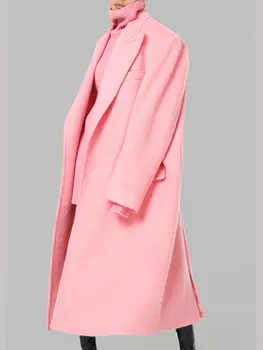 Женское Розовое шерстяное пальто Макси, модная куртка с отложным воротником и длинным рукавом, осень-зима, теплая женская уличная одежда высокого качества Изображение 2
