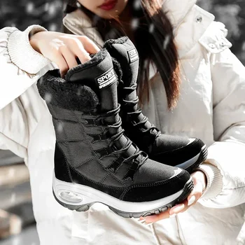 Зимние женские ботинки, обувь на платформе, сохраняющая тепло, зимние сапоги до бедра, уличные женские слипоны, удобные водонепроницаемые меховые женские ботинки Изображение 2