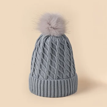 Зимние однотонные Милые вязаные шапки, женская шапка-бини с помпоном из искусственного меха, уличная теплая акриловая шапочка для волос, эластичные шапочки, кепка-череп