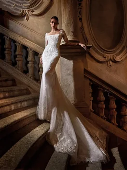 Изящное Свадебное платье с квадратным вырезом и длинным рукавом, шлейф, Блестящие Аппликации из пайеток, Свадебное платье для выпускного Вечера, Vestidos Robe De Mariée