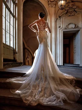 Изящное Свадебное платье с квадратным вырезом и длинным рукавом, шлейф, Блестящие Аппликации из пайеток, Свадебное платье для выпускного Вечера, Vestidos Robe De Mariée Изображение 2