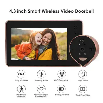Камера-глазок для дверного звонка с разрешением 1080P WiFi, система домашней безопасности с двусторонним аудио, камера ночного видения с 4,3-дюймовым видеодомофоном FHD