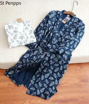 Кимоно в японском стиле, ночная рубашка, Мужской халат, хлопок и лен, Весна-осень, свободный галстук, Длинная тонкая Юката, Восточная культура Киото Изображение 2